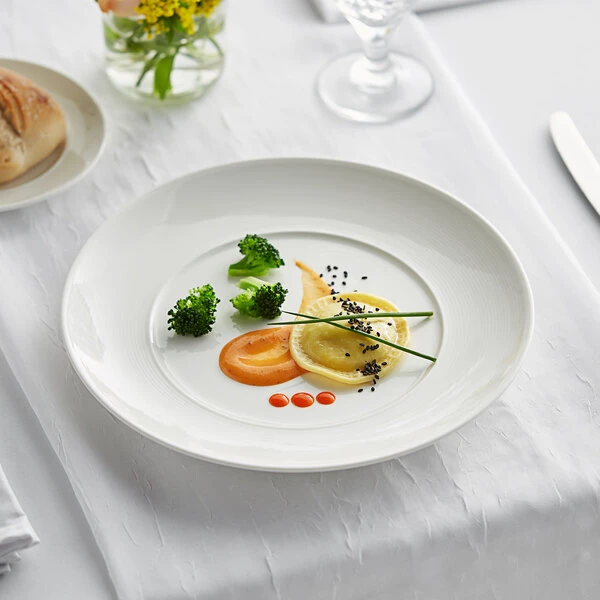 Sample - Acopa Liana 10 1/2" Bright White Embossed Lines Wide Rim Porcelain Plate 1 Sample - Acopa Liana 10 1/2" Bright White Embossed Lines Wide Rim Porcelain Plate