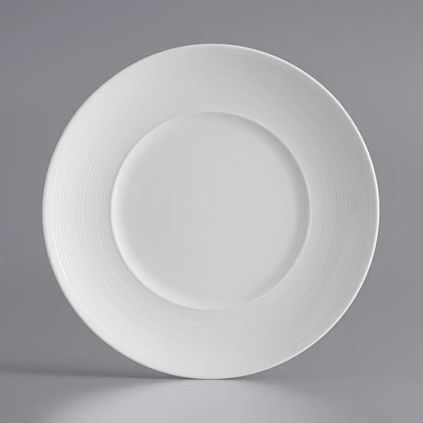 Sample - Acopa Liana 8 1/4" Bright White Embossed Lines Wide Rim Porcelain Plate 2 Sample - Acopa Liana 8 1/4" Bright White Embossed Lines Wide Rim Porcelain Plate - Image 2