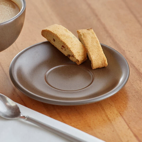 Sample - Acopa Embers 5 1/2" Hickory Brown Matte Stoneware Saucer 1 Sample - Acopa Embers 5 1/2" Hickory Brown Matte Stoneware Saucer