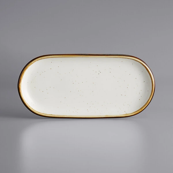 Sample - Acopa Keystone 12 1/2" X 6" Vanilla Bean Stoneware Oblong Coupe Platter 2 Sample - Acopa Keystone 12 1/2" X 6" Vanilla Bean Stoneware Oblong Coupe Platter - Image 2