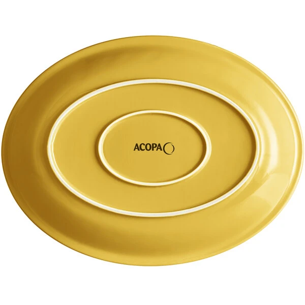 Acopa Capri 13 3/4" X 10 1/2" Citrus Yellow Oval Stoneware Coupe Platter - 12/Case 3 Acopa Capri 13 3/4" X 10 1/2" Citrus Yellow Oval Stoneware Coupe Platter - 12/Case - Image 3