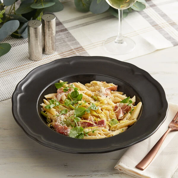 Acopa Condesa 28 Oz. Matte Finish Armor Gray Scalloped Wide Rim Porcelain Pasta Bowl - 6/Case 1 Acopa Condesa 28 Oz. Matte Finish Armor Gray Scalloped Wide Rim Porcelain Pasta Bowl - 6/Case