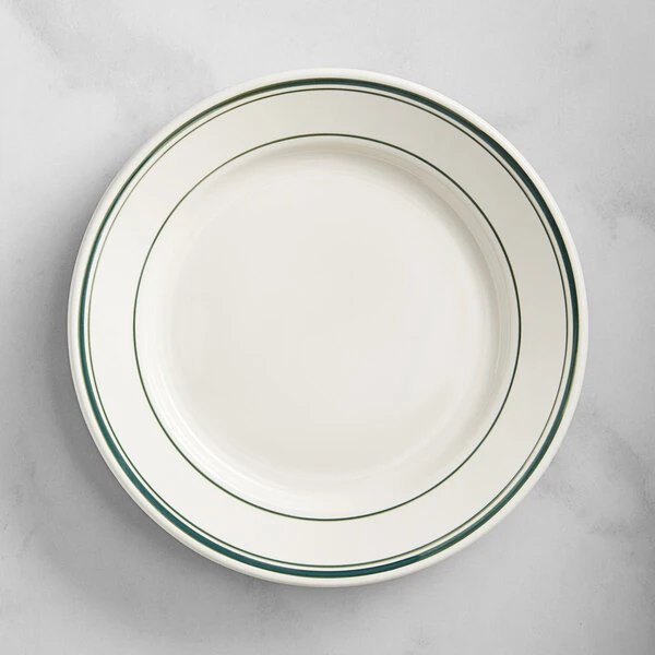 Acopa 9" Ivory (American White) Stoneware Wide Rim Plate With Green Bands - 24/Case 2 Acopa 9" Ivory (American White) Stoneware Wide Rim Plate With Green Bands - 24/Case - Image 2
