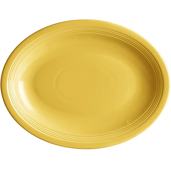 Sample - Acopa Capri 13 3/4" X 10 1/2" Citrus Yellow Oval Stoneware Coupe Platter 2 Sample - Acopa Capri 13 3/4" X 10 1/2" Citrus Yellow Oval Stoneware Coupe Platter - Image 2