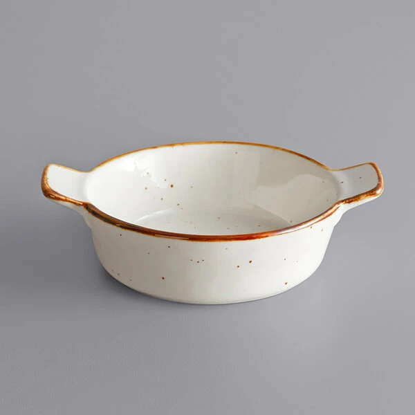 Acopa Keystone 6 Oz. Vanilla Bean Stoneware Mini Casserole Dish With Handles - 6/Case 2 Acopa Keystone 6 Oz. Vanilla Bean Stoneware Mini Casserole Dish With Handles - 6/Case - Image 2