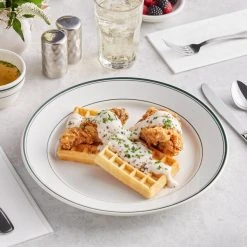 Acopa 12" Ivory (American White) Stoneware Wide Rim Plate With Green Bands - 12/Case