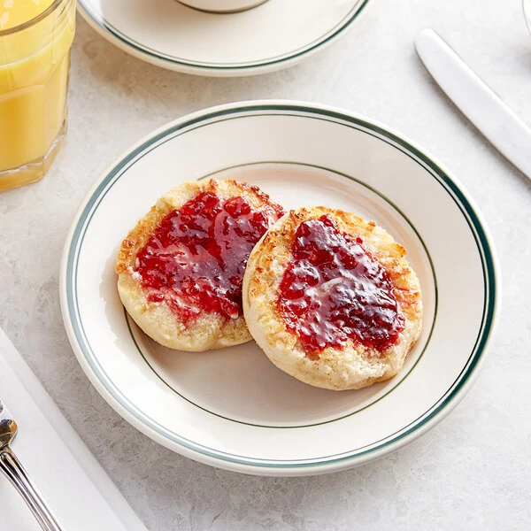 Acopa 7 1/8" Ivory (American White) Stoneware Wide Rim Plate With Green Bands - 36/Case 1 Acopa 7 1/8" Ivory (American White) Stoneware Wide Rim Plate With Green Bands - 36/Case