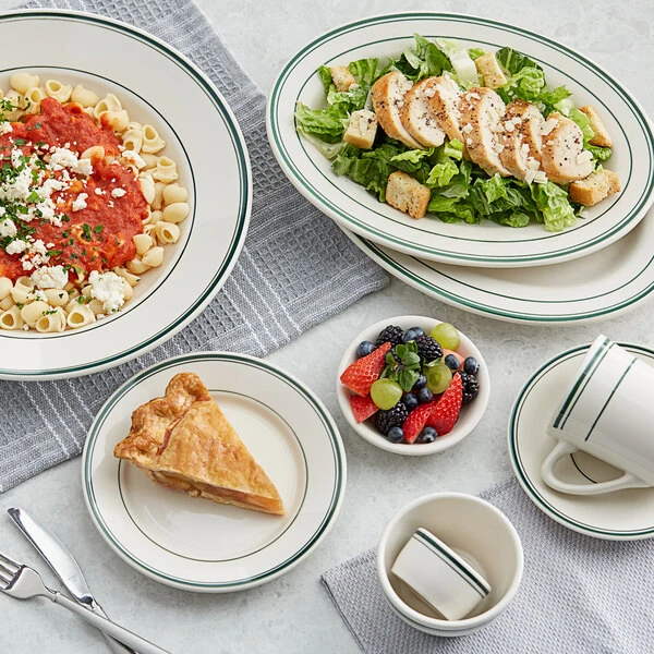 Acopa 9" Ivory (American White) Stoneware Wide Rim Plate With Green Bands - 24/Case 4 Acopa 9" Ivory (American White) Stoneware Wide Rim Plate With Green Bands - 24/Case - Image 4
