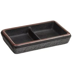 Alternative view of Acopa Heika 1 Oz. Black Matte Textured Rectangular 2-Compartment Stoneware Sauce Dish - 12/Case