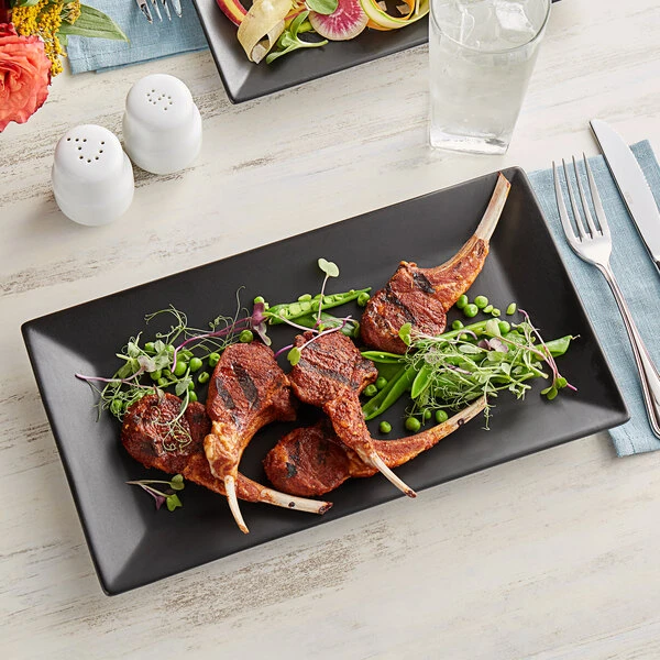 Acopa 13" X 7 1/4" Matte Black Rectangular Stoneware Platter - 12/Case 1 Acopa 13" X 7 1/4" Matte Black Rectangular Stoneware Platter - 12/Case
