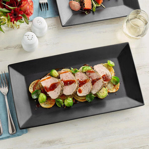 Acopa 14 1/2" X 8 1/4" Matte Black Rectangular Stoneware Platter - 12/Case 1 Acopa 14 1/2" X 8 1/4" Matte Black Rectangular Stoneware Platter - 12/Case