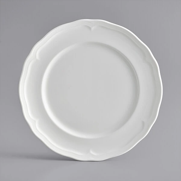 Sample - Acopa Condesa 10 1/2" Pearl White Scalloped Wide Rim Porcelain Plate 2 Sample - Acopa Condesa 10 1/2" Pearl White Scalloped Wide Rim Porcelain Plate - Image 2
