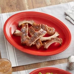 Sample - Acopa Capri 13 3/4" X 10 1/2" Passion Fruit Red Oval Stoneware Coupe Platter