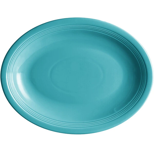 Acopa Capri 13 3/4" X 10 1/2" Caribbean Turquoise Oval Stoneware Coupe Platter - 12/Case 2 Acopa Capri 13 3/4" X 10 1/2" Caribbean Turquoise Oval Stoneware Coupe Platter - 12/Case - Image 2