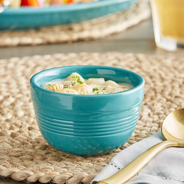 Acopa Capri 8 Oz. Caribbean Turquoise Stoneware Bouillon - 12/Pack 1 Acopa Capri 8 Oz. Caribbean Turquoise Stoneware Bouillon - 12/Pack