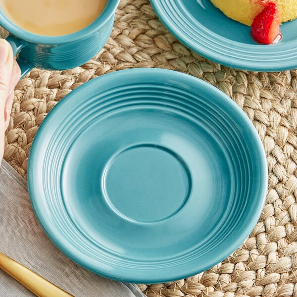 Acopa Capri 6" Caribbean Turquoise Stoneware Saucer - 36/Case 1 Acopa Capri 6" Caribbean Turquoise Stoneware Saucer - 36/Case