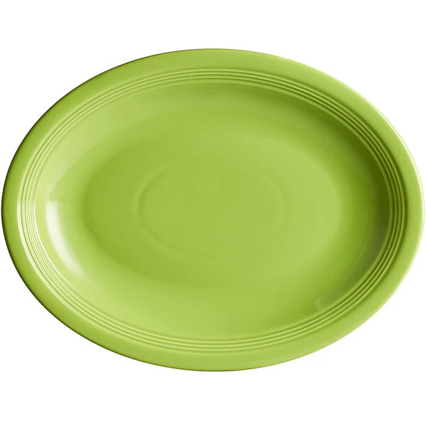 Acopa Capri 13 3/4" X 10 1/2" Bamboo Green Oval Stoneware Coupe Platter - 12/Case 2 Acopa Capri 13 3/4" X 10 1/2" Bamboo Green Oval Stoneware Coupe Platter - 12/Case - Image 2