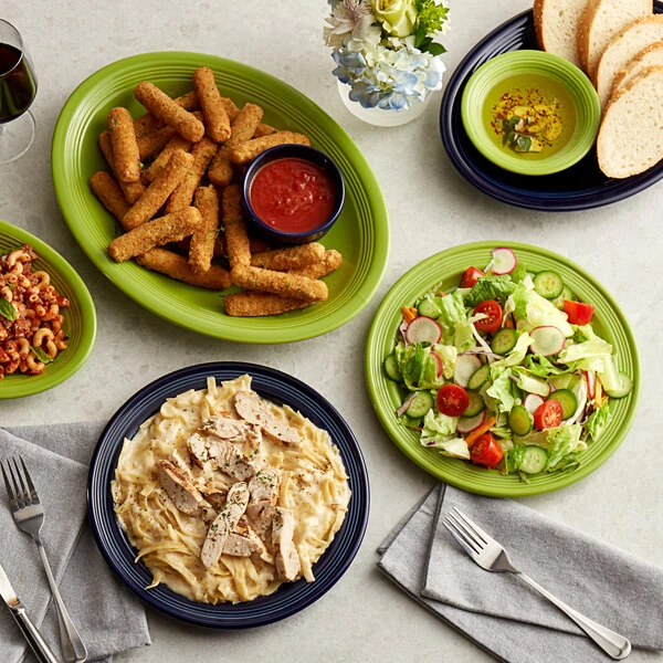 Acopa Capri 13 3/4" X 10 1/2" Bamboo Green Oval Stoneware Coupe Platter - 12/Case 4 Acopa Capri 13 3/4" X 10 1/2" Bamboo Green Oval Stoneware Coupe Platter - 12/Case - Image 4