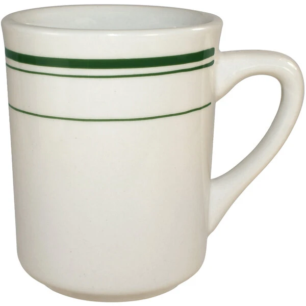 International Tableware Verona 8.5 Oz. Ivory (American White) Stoneware Mug With Green Bands - 36/Case 1 International Tableware Verona 8.5 Oz. Ivory (American White) Stoneware Mug With Green Bands - 36/Case