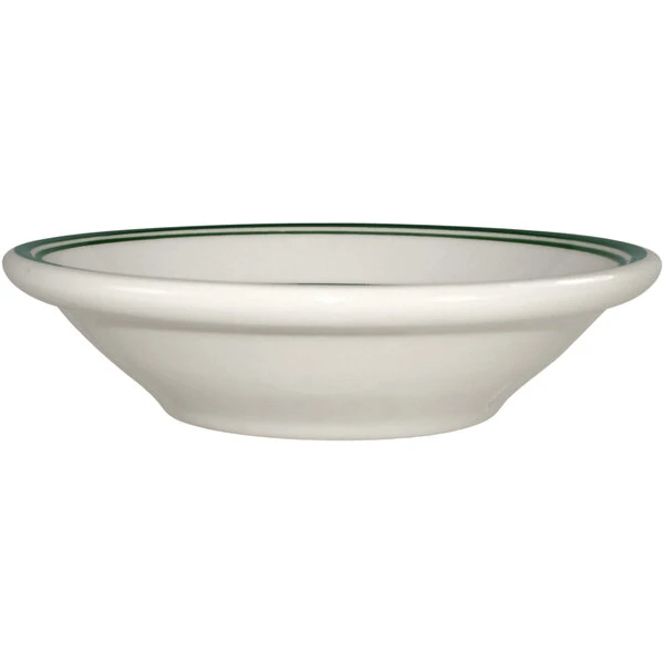 International Tableware Verona 3.5 Oz. Ivory (American White) Stoneware Fruit Bowl With Green Bands - 36/Case 1 International Tableware Verona 3.5 Oz. Ivory (American White) Stoneware Fruit Bowl With Green Bands - 36/Case