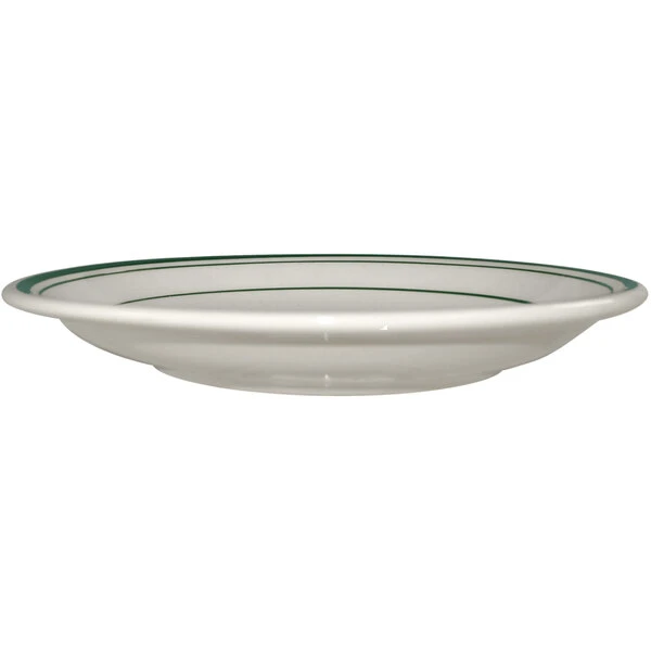 International Tableware Verona 5 1/8" Ivory (American White) Stoneware Saucer With Green Bands - 36/Case 1 International Tableware Verona 5 1/8" Ivory (American White) Stoneware Saucer With Green Bands - 36/Case