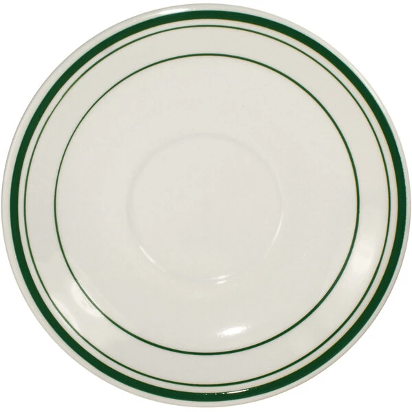 International Tableware Verona 5 1/8" Ivory (American White) Stoneware Saucer With Green Bands - 36/Case 2 International Tableware Verona 5 1/8" Ivory (American White) Stoneware Saucer With Green Bands - 36/Case - Image 2