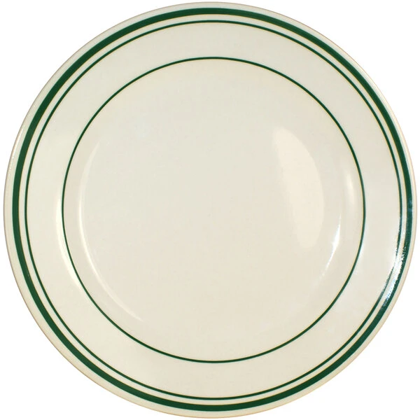 International Tableware Verona 10 1/4" Ivory (American White) Stoneware Plate With Green Bands - 12/Case 1 International Tableware Verona 10 1/4" Ivory (American White) Stoneware Plate With Green Bands - 12/Case