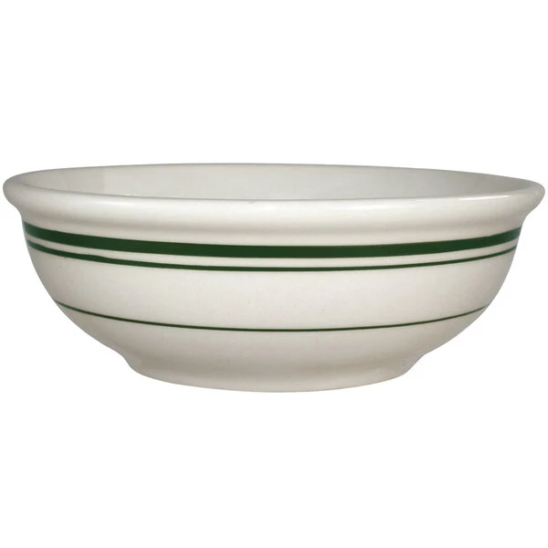 International Tableware Verona 10 Oz. Ivory (American White) Stoneware Nappie Bowl With Green Bands - 36/Case 1 International Tableware Verona 10 Oz. Ivory (American White) Stoneware Nappie Bowl With Green Bands - 36/Case