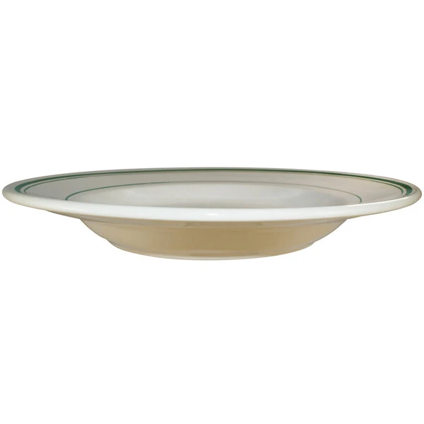 International Tableware Verona 18 Oz. Ivory (American White) Stoneware Pasta Bowl With Green Bands - 12/Case 1 International Tableware Verona 18 Oz. Ivory (American White) Stoneware Pasta Bowl With Green Bands - 12/Case