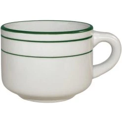 International Tableware Verona 7 Oz. Ivory (American White) Stoneware Stacking Cup With Green Bands - 36/Case