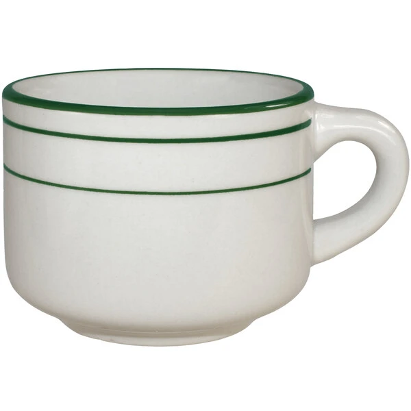 International Tableware Verona 7 Oz. Ivory (American White) Stoneware Stacking Cup With Green Bands - 36/Case 1 International Tableware Verona 7 Oz. Ivory (American White) Stoneware Stacking Cup With Green Bands - 36/Case