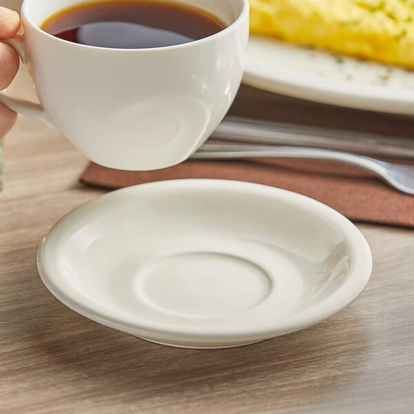 Acopa 5 1/2" Ivory (American White) Narrow Rim Stoneware Saucer - 36/Case 1 Acopa 5 1/2" Ivory (American White) Narrow Rim Stoneware Saucer - 36/Case