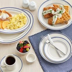 Sample - Acopa 10 1/2" Ivory (American White) Stoneware Wide Rim Plate With Blue Bands -Acopa Sales 2323573