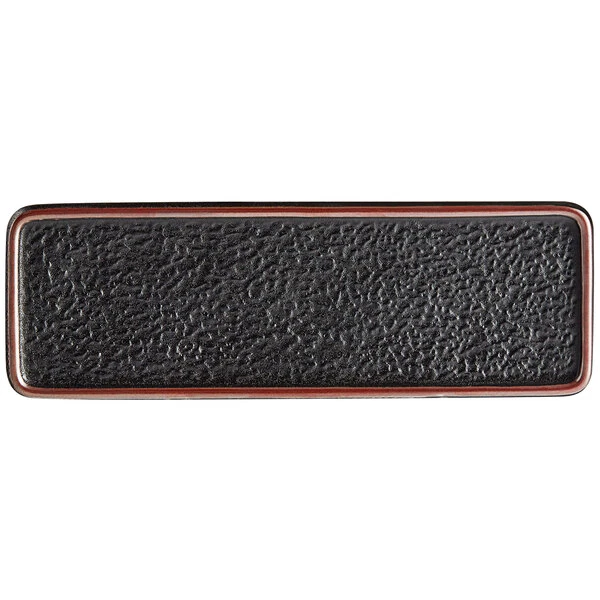 Sample- Acopa Heika 13 3/16" X 4 1/2" Black Matte Textured Rectangular Flat Stoneware Plate 2 Sample- Acopa Heika 13 3/16" X 4 1/2" Black Matte Textured Rectangular Flat Stoneware Plate - Image 2
