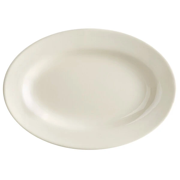 Acopa 11 1/8" X 7 3/4" Ivory (American White) Wide Rim Rolled Edge Oval Stoneware Platter - 12/Case 2 Acopa 11 1/8" X 7 3/4" Ivory (American White) Wide Rim Rolled Edge Oval Stoneware Platter - 12/Case - Image 2